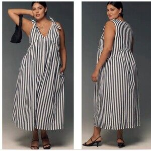 Anthropologie Bow Shoulder V-Neck Nautical Navy and White Stripe Maxi Dress 2X